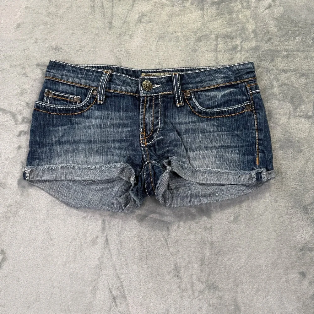 BKE Stella Womens Denim Jean Shorts Size 26 Blue Low Rise Frayed Hem